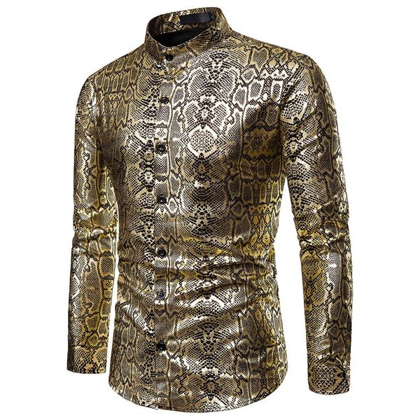 

men's shiny leaves gold printedfashion men shirt men slim fit mandarin collar dress shirts breathable shirt clothing, White;black