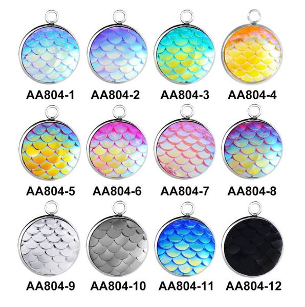 

wholesale 100pcs diy bulk stainless steel 14mm round mermaid scale pendant charm for fashion necklace bracelet earrings jewelry making, Silver