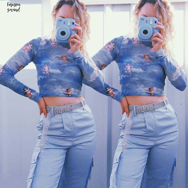 

новых блузы рукав прибытия женщины crop tops casual водолазка длинной весна лето осень повседневной цветочная отпечатанная рубашки, White
