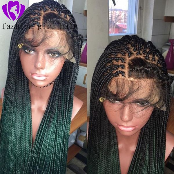 

handmade box braided wigs synthetic lace front women wig black roots to green wig heat resistant wigs for women, Black;brown