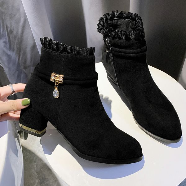 

boots women new 2019 plush round toe women's low shoes winter footwear luxury designer zipper booties ladies fur ankle 2020, Black