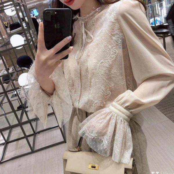 

solid new blouse spring new 2019 arrival fairy blusa feminina chiffon shirt bottoming flare sleeve lace sling attached ing, White