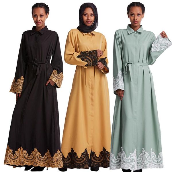 

ethnic clothing siskakia middle eastern muslim arab women abaya lapel long sleeve solid embroidered stitching covered button dress, Red