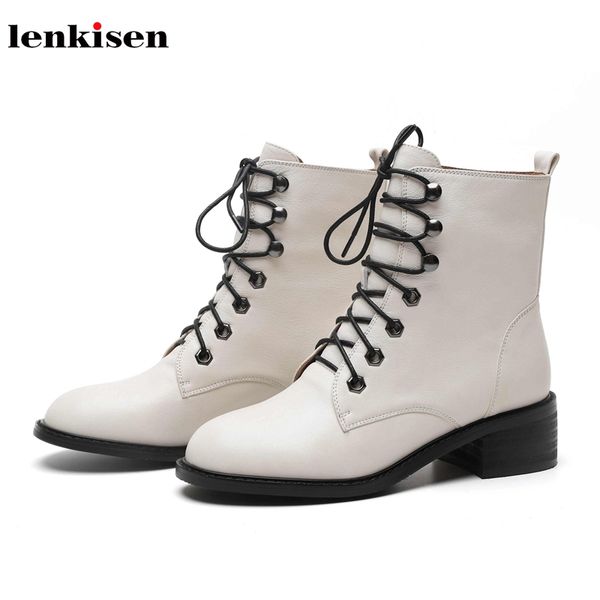 

lenkisen genuine leather med heels round toe british lace up dress simple style fashion winter keep warm women ankle boots l20, Black