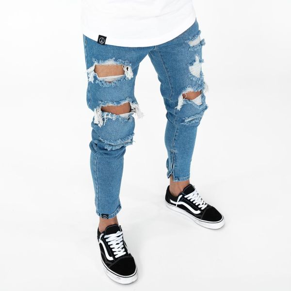 

new mens denim blue hole designer jeans spring autumn pencil ripped trousers pants