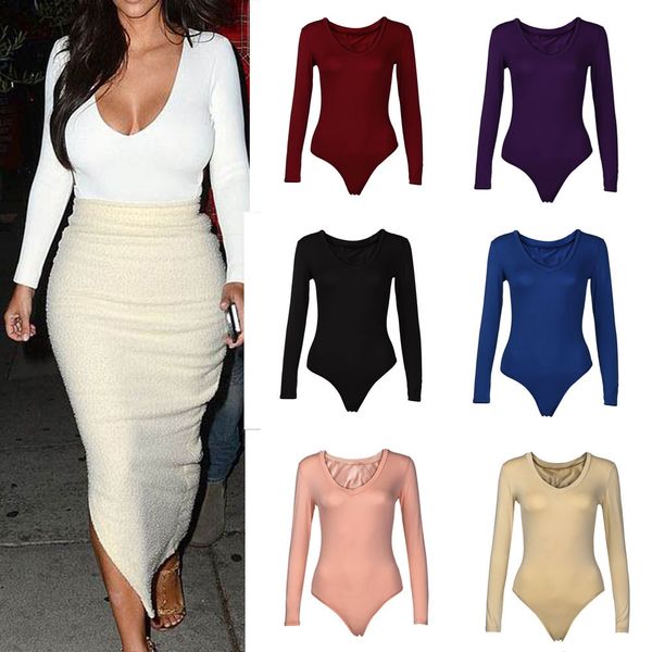 

rompers for women 2019 new fashionable women solid color stretch long sleeve plunge jumpsuit skinny bodysuits for ladies, Black;white