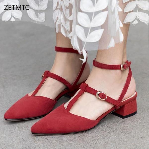 

spring summer 2020 sandals mid-heel 4.5cm solid roman style kid suede ankle strap casual shoes woman pointed luxury designers, Black