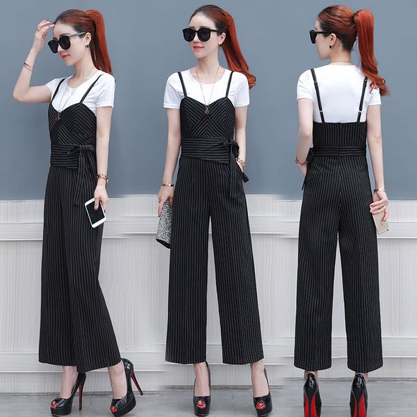 

ladies women striped bow clubwear playsuit female bodysuit party overall jumpsuit pants strappy romper sleeveless long trousers, Black;white
