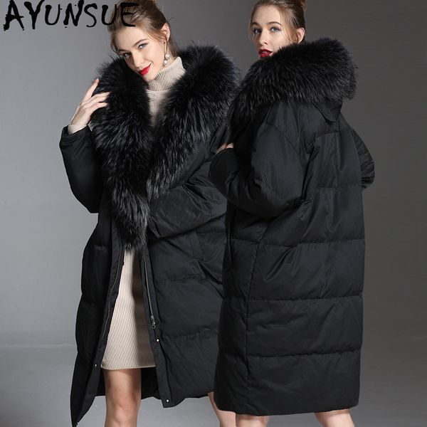 

women's down jacket hooded winter coat puffer 90% white duck down jackets korean thick coats raccoon fur collar 1801242 kj2797, Black