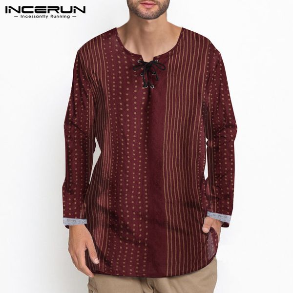 

incerun autumn printed men's shirt vintage lace up long sleeve leisure retro blouse fitness casual long style shirts men 2019, White;black