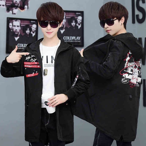 

fashion 2019 autumn letter pattern print trench coat students boys hooded jacket slim outerwear, Tan;black