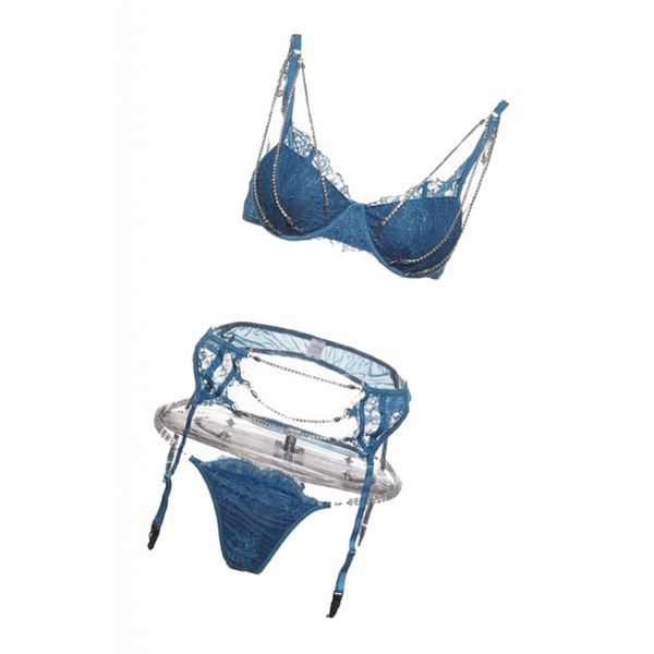 

crystal chain lingerie women 3 piece lace bodysuit bra and panty set, Red;black