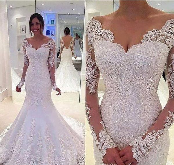 

new arrival long sleeve mermaid wedding dresses 2019 v-neck backless applique and beading sweep train mermaid bridal dress gowns, White
