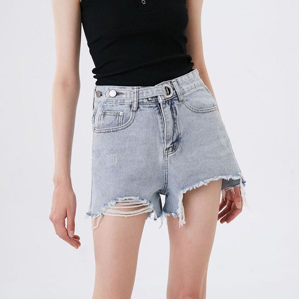 

summer korean version of the hole jeans shorts loose thin a word pants wide leg pants high waist 2020 denim shorts for women, Blue
