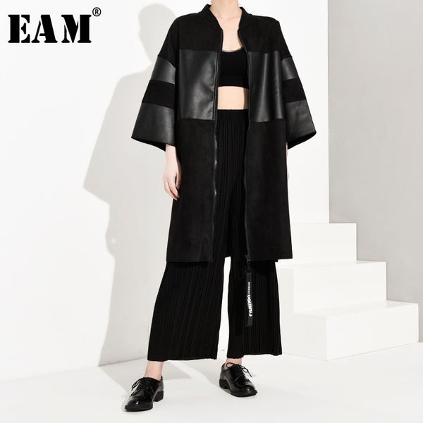 

eam] loose fit pu leather spliced big size jacket new stand collar three-quarter sleeve women coat fashion autumn 2019 jc253, Black;brown