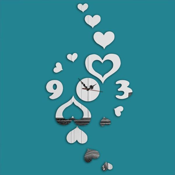 

3d stereo creative heart wall clock fashion decorative art mirror wall living room clock