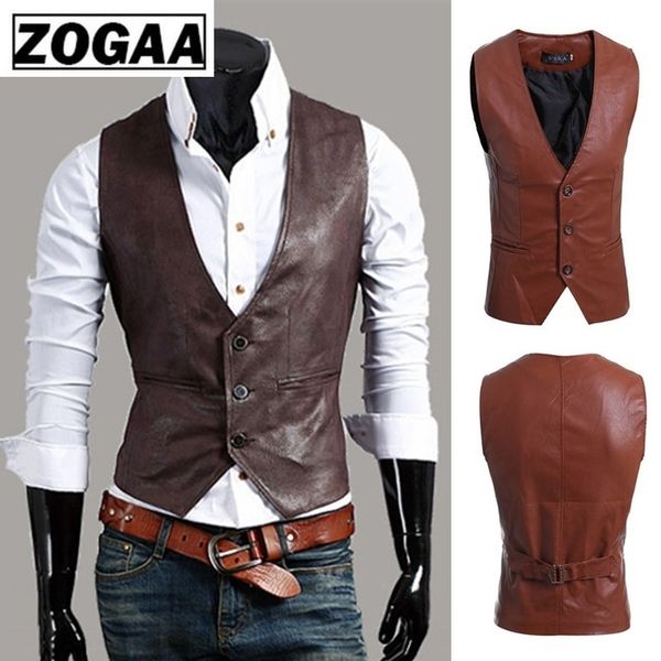 

zogaa causal men's slim vest sleeveless jacket pu leather button open v-neck slim fit vest men winter plus size, Black;white