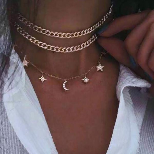 

gold color choker necklace for women 3 layers crystal moon pendant chain necklaces & pendants velvet chokers fashion jewelry, Golden;silver