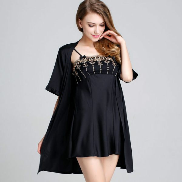 

two-piece nightgown suit short satin silk lace sling night dress kimono sleepwear summer lingerie robe sleepwear sets, Black;red