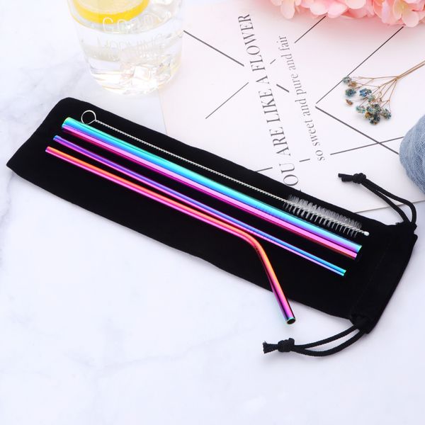 

5pcs stainless steel straw silicon-tips metal drinking straws reusable tableware with cleaner brush kitchen home bar accessories
