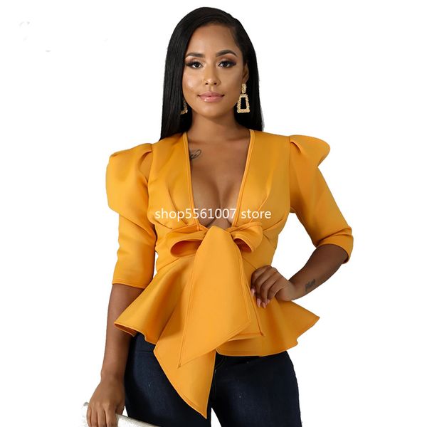 

half sleeve deep v neck bow blouse women summer casual solid color ruffle blouse elegant bandage crop top, White