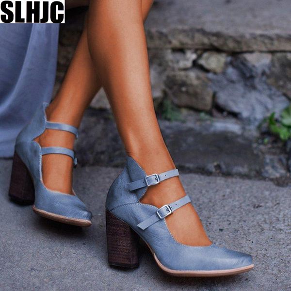 

slhjc 2019 autumn leather shoes women high square heel pointy toe buckel pumps plus size female retro marry jeans shoes sandals, Black