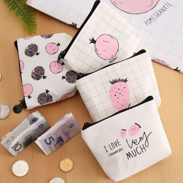 

creative simple sweet words canvas coin purse color cartoon strawberry pattern large-volume wallet key, Black