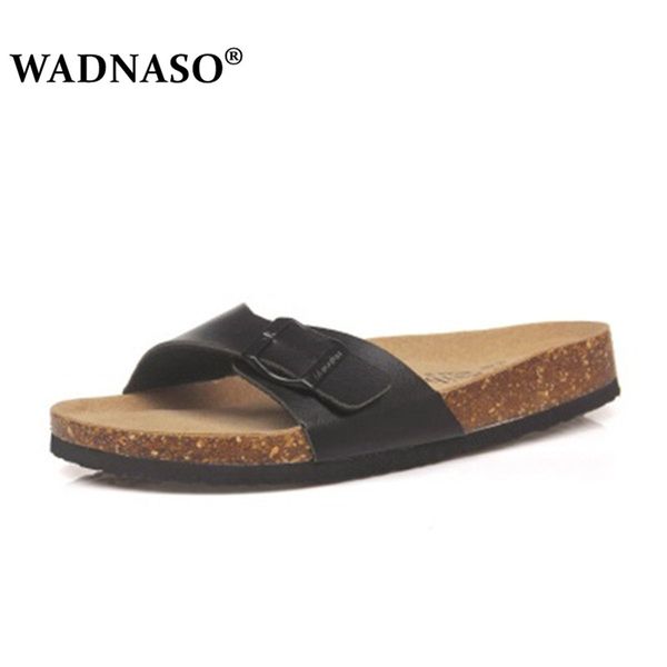 

wadnaso plus size 35-45 summer cork slippers sandals 2019 new men casual beach double buckle printed slip on slides shoe flat, Black