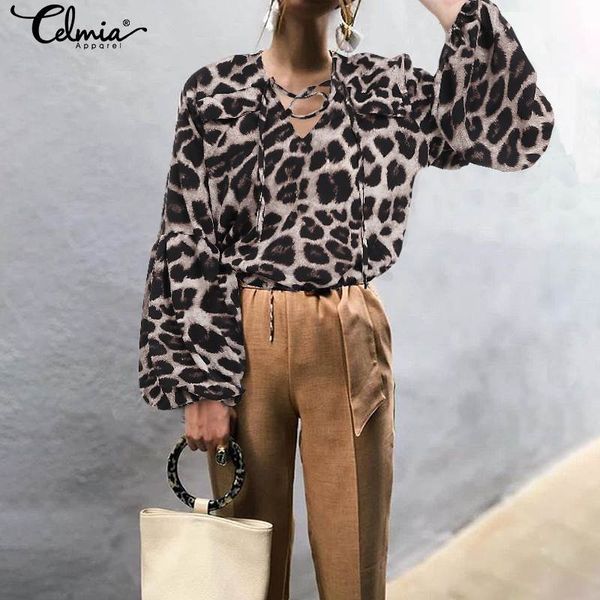 

celmia fashion women retro leopard print blouses 2019 autumn v neck lantern sleeve shirts casual loose lace up blusas s-5xl, White