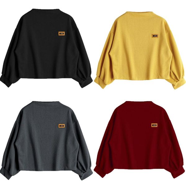 

women korean style long sleeve loose hem crop hoodies mock neck white short sweatshirts spring autumn outfits fashion streetwear, Black