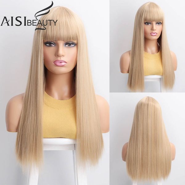 

aisibeauty long synthetic wig with bangs 26''4colors high density natural headline heat resistant straight hair wigs for women, Black