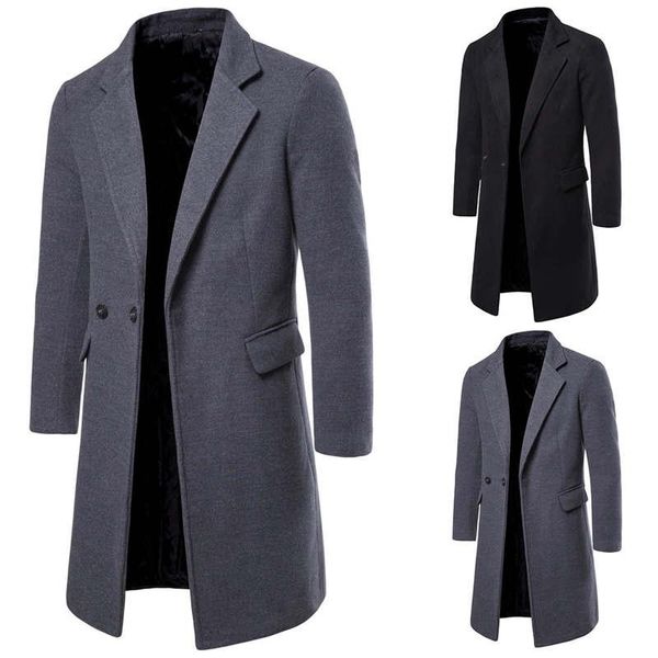 

autumn winter men woolen coat mens jacket slim long wool blends windbreaker fashion suit collar trench coat m-xxl, Black