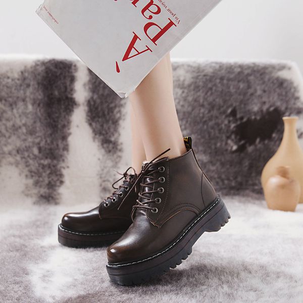 

women boots female ankle boots lace-up women winter shoes pu leather platform ankle booties shoes 5cm low heel, Black
