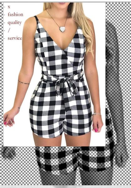 

plaid bow jumpsuits spaghetti strap sleeveless summer rompers v neck playsuits plus size casual overalls fashion, Black;white