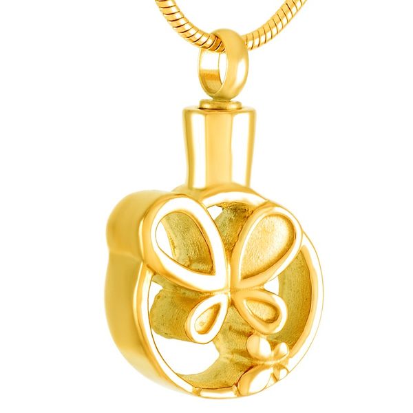 

ijd9241 stainless steel cremation gold pendant necklace for ashes urn hollow butterfly round shape memorial for men women jewelry, Silver