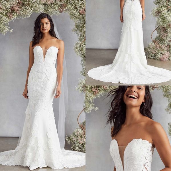 

elegant kellyfaetanini mermaid wedding dresses sweetheart sleeveless backless lace applique wedding gown sweep train robe de mariÃ©e, White