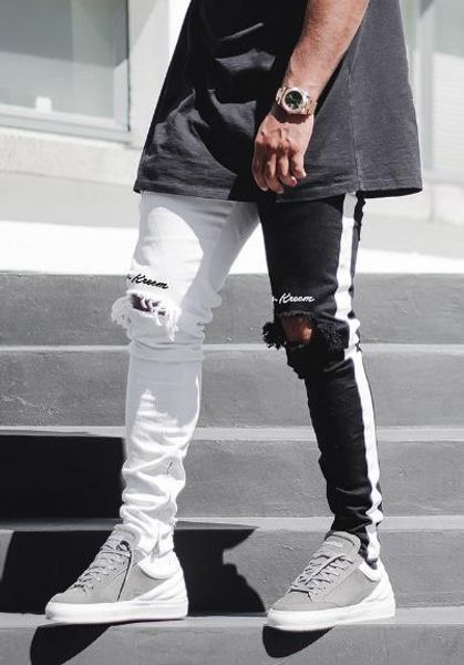 

mens designer jeans high street biker jeans spring knee holes ripped patchwork denim tousers, Blue