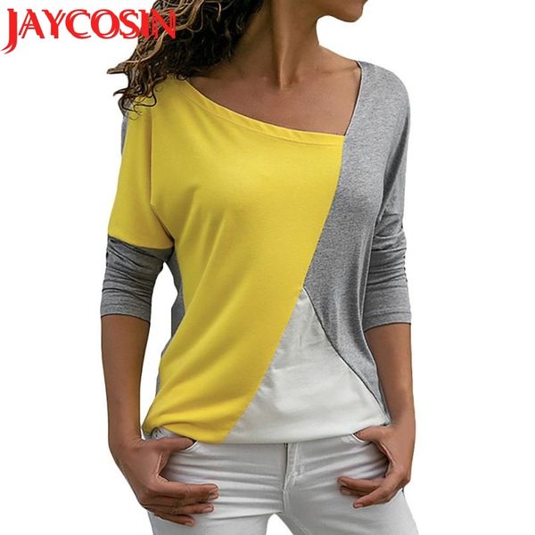 

t shirt fashion women casual patchwork color block o-neck long sleeve t-shirt dropshipping women t-shirt 40#, White