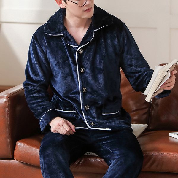 

2020 spring thick warm blue flannel pajama sets for men long sleeve coral velvet sleepwear suit loungewear homewear home clothes, Black;brown