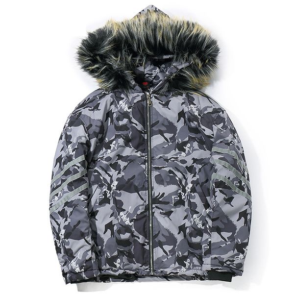 

winter thick skulls printed jacket parkas men camouflage hooded fur collar coats parka mens hip hop streetwear windbreaker wj105, Black