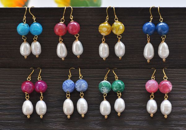

d0438 faceted agate white rice pearl dangle earring, Golden;silver