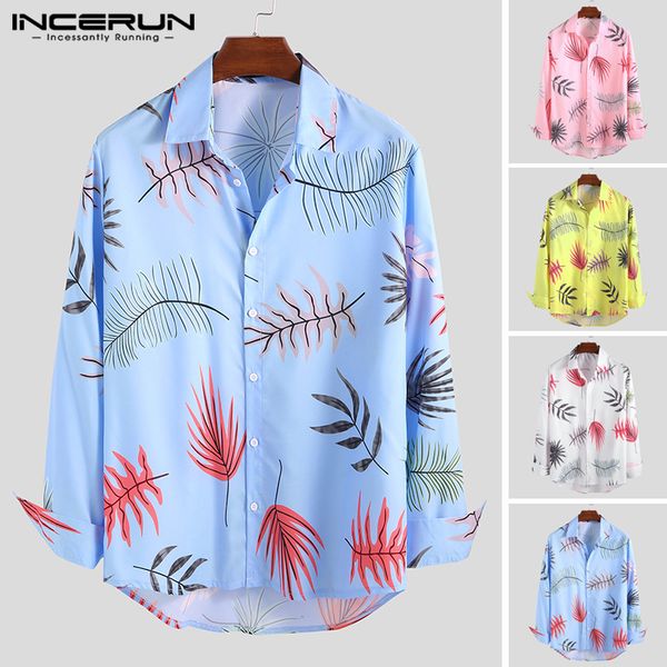 

incerun men hawaiian shirt beach long sleeve fashion lapel collar printed breathable casual shirts men camisa 2019, White;black
