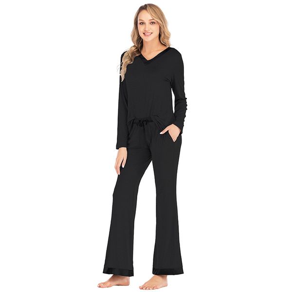

v-neck sleep set 2pcs long sleeve shirt&pant home clothes nightwear lougne homewear pajamas suit women sleepwear, Black;red