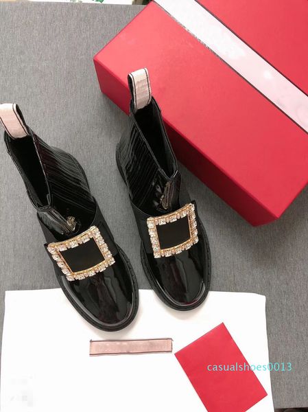 

new women leather ankle boots designer metal crystal buckle women boots black slip-on high flat boots luxury patent leather shoes c13