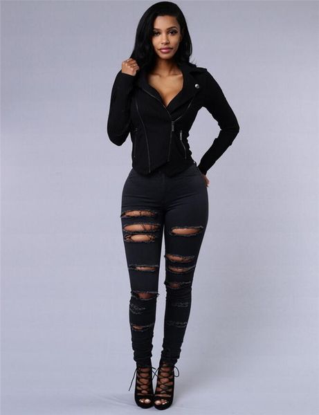 

Fashion Zipper Fly Women Holes Jeans Summer High Waist Light Skinny Jeans Ladies Long Denim Pants