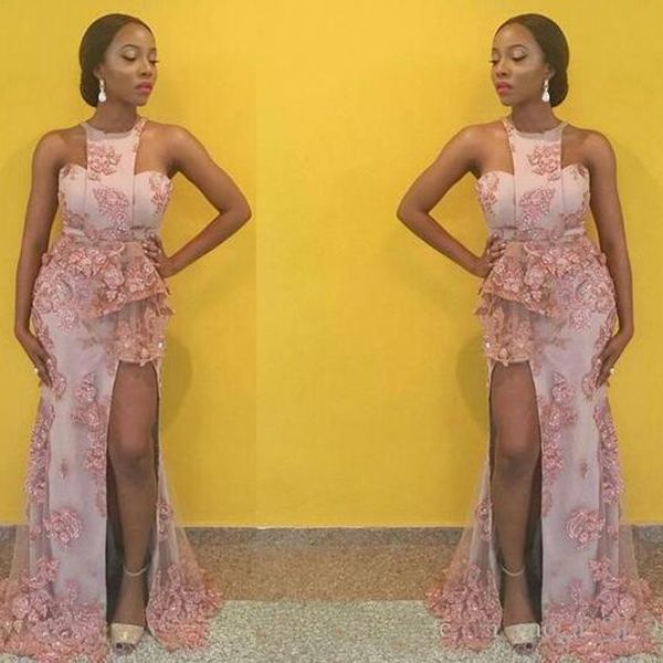 

2019 Halter Neck Prom Dresses with Amazing Lace Stunning Formal Evening Dresses side split with 3D Lace Appliques vestidos de fiesta