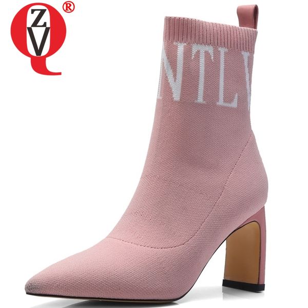 

zvq stretch knitting ankle boots fashion women pointed toe slip on winter party shoes strange high heels winter sock boots, Black
