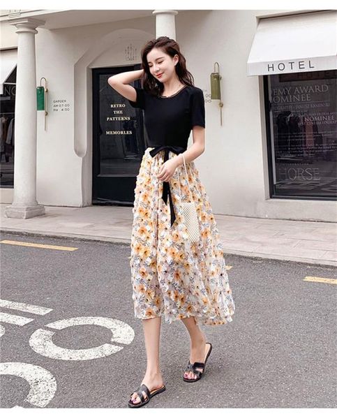 

летнее платье дама crew шея с коротким рукавом платье моды тонкий одежда с поясами womens цветочного мид, Black;gray