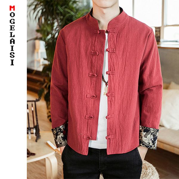 

china style jackets men 2019 spring pankou red coats man retro sleeve embroidery solid thin jackets plus size m-5xl a026-552, Black;brown