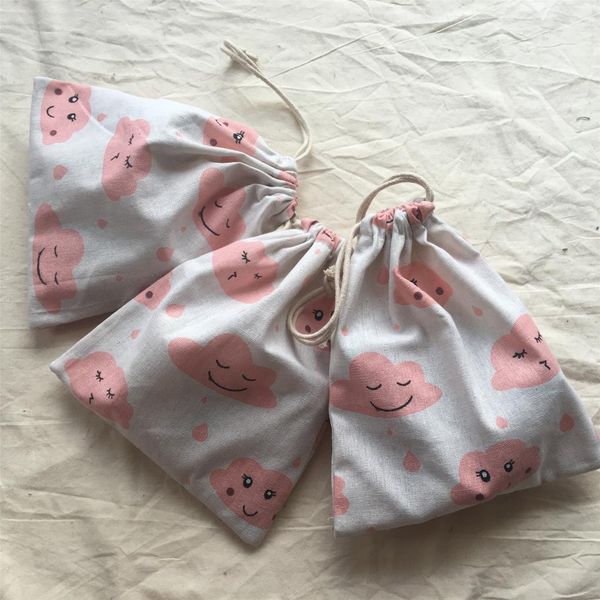 

1pc cotton linen drawstring organized bag party gift pouch print pink cloud rain drop yl1